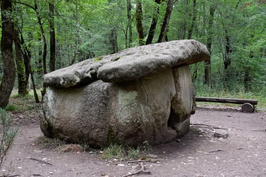 Dolmen in Shapsug. Forest in the city near the village of Shapsugskaya, the sights are dolmens and ruins of ancient civilization.