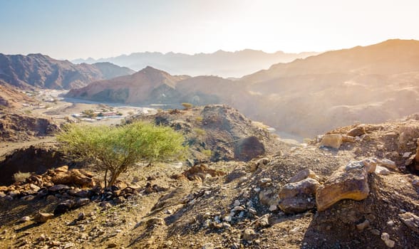 Scenic overlook of Al Hajar mountains in the emirate of Fujeirah, UAE and a village in a valley