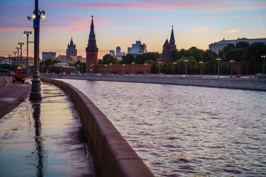 View of the Moscow Kremlin from the embankment of the Moscow River at sunset
