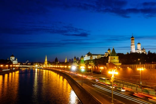 Scenic view of Kremlin and the Christ the Savior Cathedral in Moscow, Russia after sunset