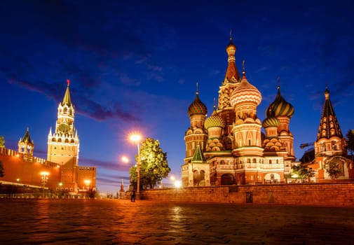 Scenic view of St. basil Cathedral on the Red Square in Moscow, Russia after sunset