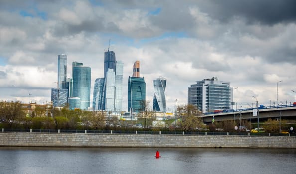 View to the modern complex of Moscow city from the Moscow River