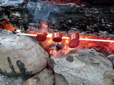 Frying slices of sausages on a bonfire on a skewer.