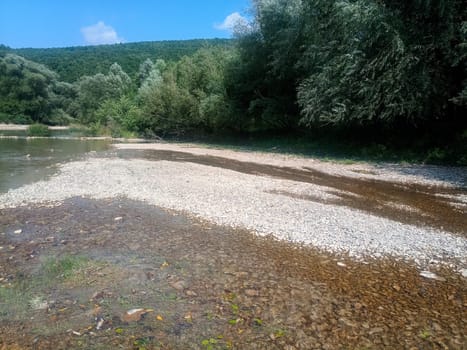 A shallow mountain river, the bottom of a mountain river of stones and gravel.