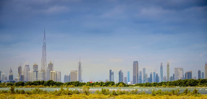 View of Dubai downtown skyline from Ras al Khor Wildlife Sanctuary