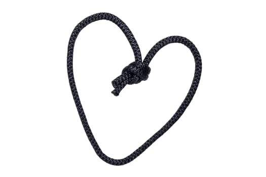 Rope isolated. Close-up of black node or knot in the shape of a heart isolated on a white background. Concept valentine, wedding or navy and angler knot.