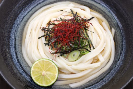 Close up of Japanese bukkake udon noodles in a bowl