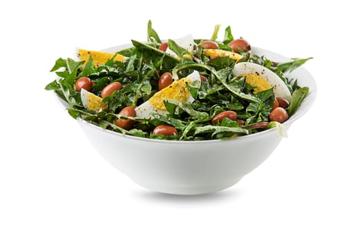 Healthy Green salad with dandelion leaves, egg and beans isolated on white