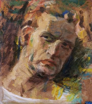 Expressive man portrait oil painting sketch on textured canvas