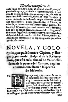 Title page of Dialogue of the Dogs, from Exemplary Tales by Miguel de Cervantes. First edition title page