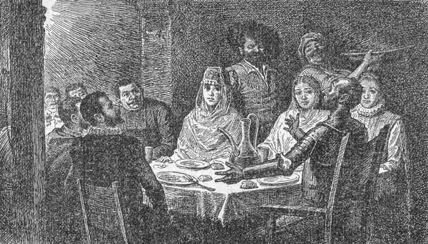 Don Quixote novel scene. Illustration from S. Calleja Edition published in 1916. A captive from Moorish lands tell the story of his life