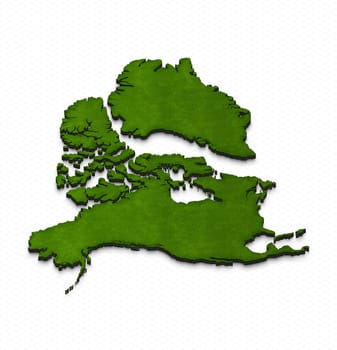 Illustration of a green ground map of North America on grid background. Right 3D isometric projection.