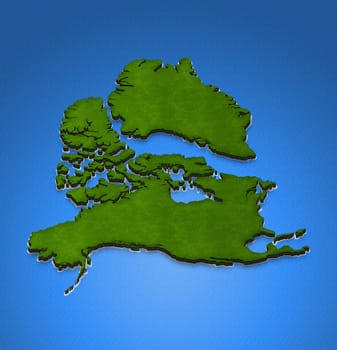 Illustration of a green ground map of North America on water background. Right 3D isometric projection.