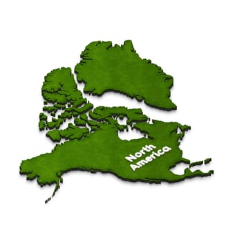 Illustration of a green ground map of North America on isolated background. Right 3D isometric projection with the name of continent.