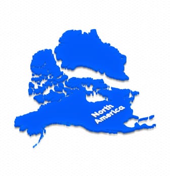 Illustration of a blue ground map of North America on grid background. Right 3D isometric projection with the name of continent.
