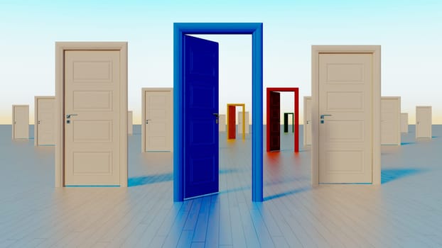 colorful white, blue, red, yellow, green close and open doors to the world of opportunities realistic 3D rendering