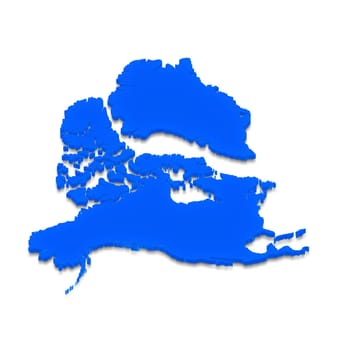 Illustration of a blue ground map of North America on isolated background. Right 3D isometric projection.