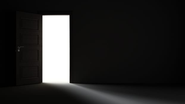 Light entering from black open door to dark room realistic 3D rendering
