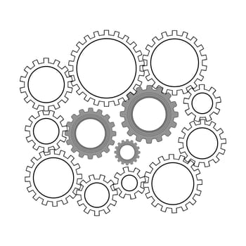 Techno Background with Geometric Gear Wheels Icon. Machinery Logo. Modern Mechanism Cog Concept. Technologic Mechanical Cogwheel Tool on White Background. Teamwork Symbol. Part of Transmission.