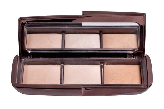Cosmetic products isolated. Closeup of a elegant cosmetic box with cheek or face powder. Make-up isolated on a white background. Macro from a blusher or bronzer.
