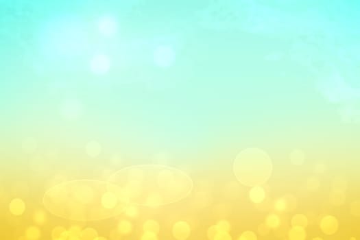 Hello spring background. Abstract bright spring or summer landscape texture with natural green yellow bokeh lights and sunshine on blue sky. Beautiful backdrop with space.