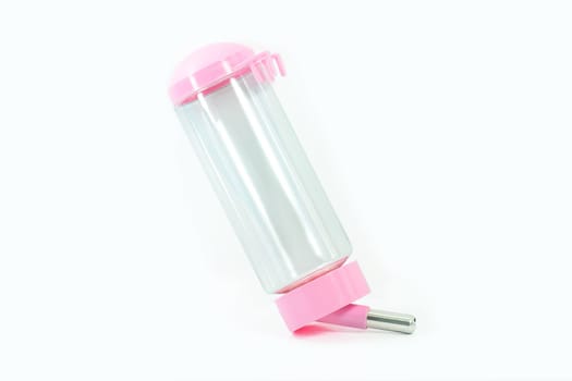 Pet supplies about water feeder of pink for dog or cat isolated on white