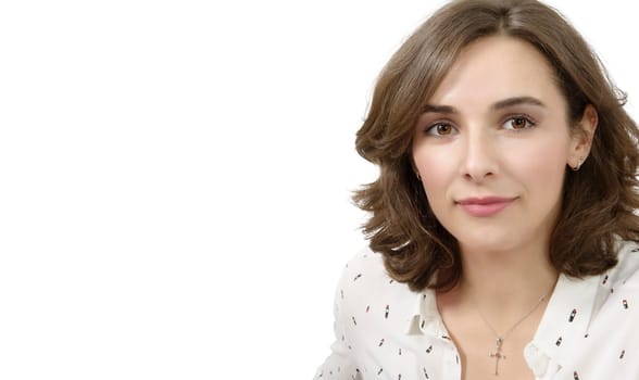 Beautiful woman face close up isolated on white background