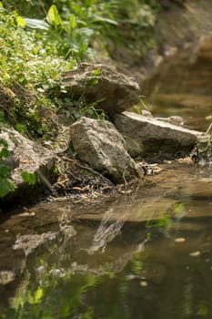 Large stones lie on the bank of a stream and are reflected in the water