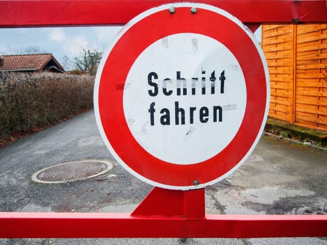 Close-up of the traffic sign at the speed of travel at an access barrier to an allotment garden in Berlin.