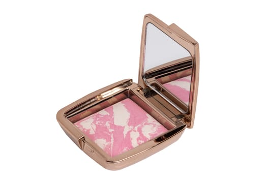 Cosmetic products isolated. Closeup of a elegant cosmetic box with cheek or face powder. Make-up isolated on a white background. Macro from a blusher or bronzer.
