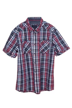 Checked shirts. Close-up of a red black and white tartan or plaid shirt for mens isolated on a white background. Summer fashion of mans clothes.