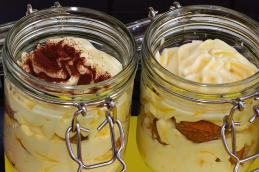 Tiramisu photographed from above with and without cocoa.