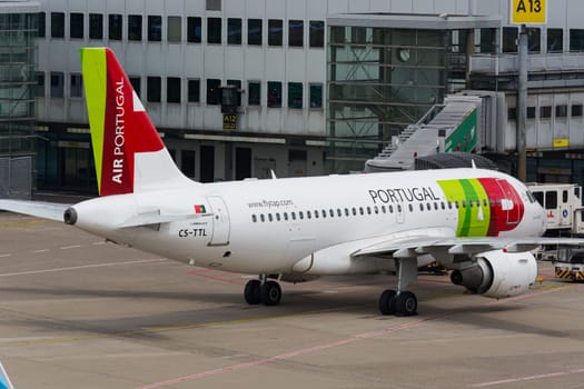 DuSSELDORF, NRW, GERMANY - JUNE 18, 2019:.Dusseldorf, Nrw, Germany - June 18, 2019:..Airplane of Portugal Air at the international airport in Dusseldorf.