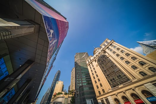 Chongqing, China -  August 2019 : Highrise commercial and business buildings in the Jiefangbei district in the downtown of Chongqing city