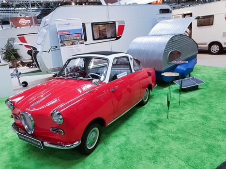 DUESSELDORF, NRW, GERMANY - AUGUST 29, 2018:..Duesseldorf, Nrw, Germany - August 29, 2018:.Motorhomes and campers for sale or rent at an exhibition. Concept freedom, family vacation trip, holiday trip with camper.