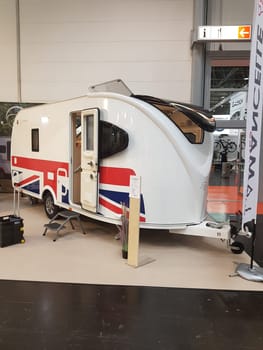 DUESSELDORF, NRW, GERMANY - SEPTEMBER 04, 2019:.Duesseldorf, Nrw, Germany - September 04, 2019:..Motorhomes and campers for sale or rent at an exhibition. Concept freedom, family vacation trip, holiday trip with camper.