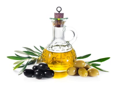 Olive oil and olive branch isolated on white