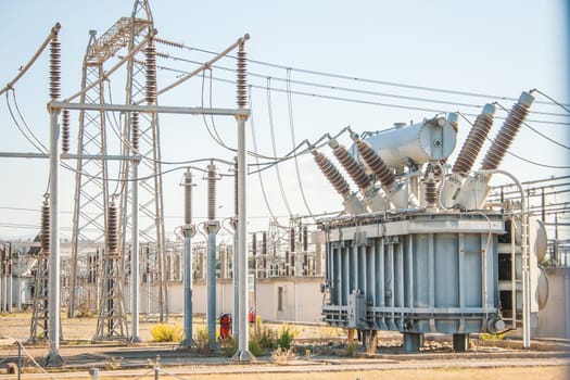 Power Station. Transformers and connections in a power plant.