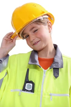 small girl disguised as a site foreman