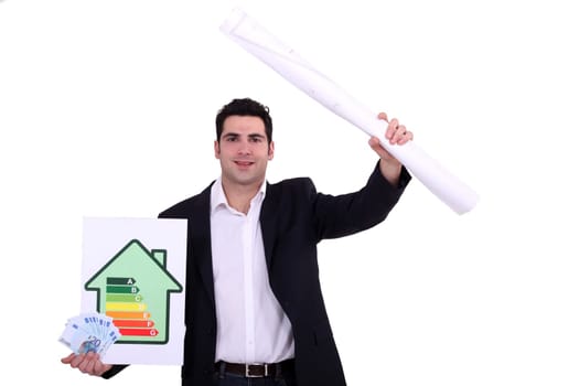 handsome architect showing blueprints