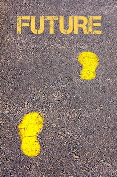 Yellow footsteps on sidewalk towards Future message, Business conceptual image