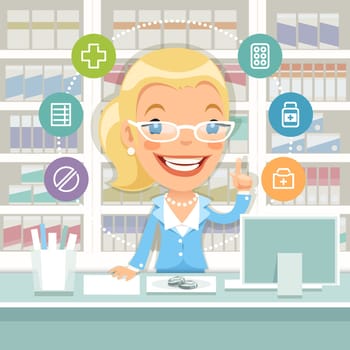 Pharmacist Woman Behind the Counter. Clipping paths included in additional jpg format