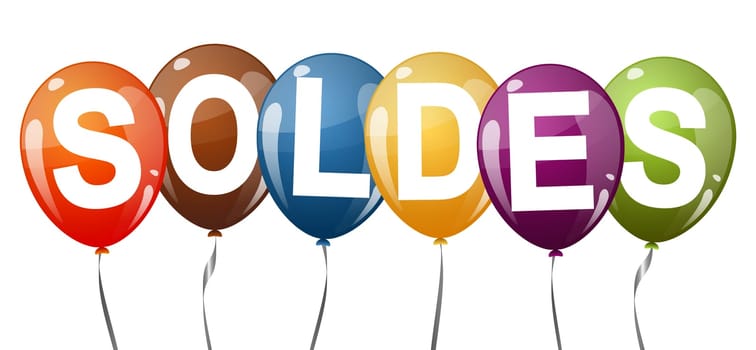 six multi colored flying balloons with text SOLDES