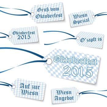 collection of Oktoberfest hangtags with blue-white checkered pattern and different text
