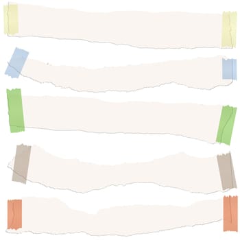 collection of five white colored scraps of papers with adhesive strips