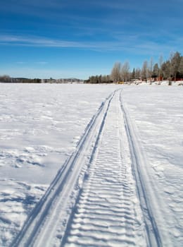 Snowmobile Tracks on Frozen Lake