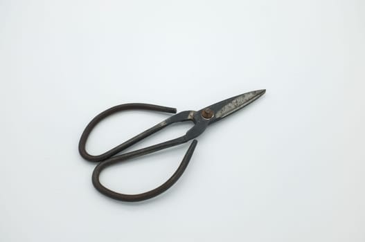 black vintage scissors on white textured background.