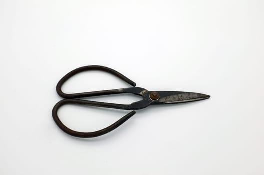 black vintage scissors on white textured background.