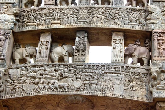 Royal and religious life depicted in sculpture on Torana of Stupa at Sanchi, near Bhopal, Madhya Pradesh, India, Asia