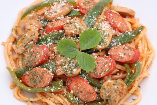 Close up of Japanese Naporitan spaghetti with tomato sauce in a dish